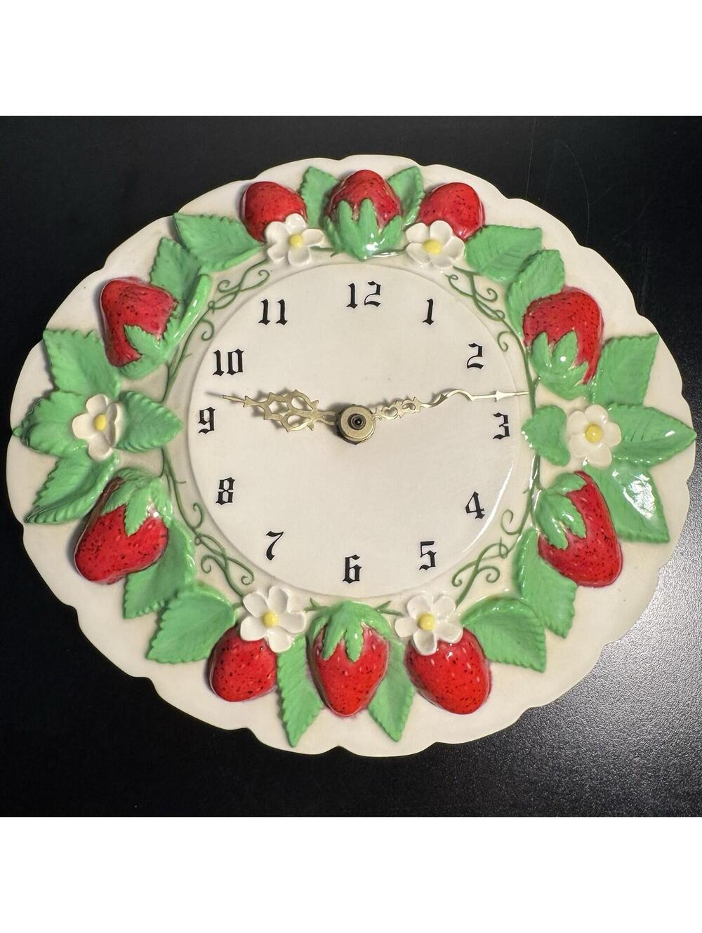 Vintage Strawberry Flower Wall Clock Sears Ceramic Cottagecore